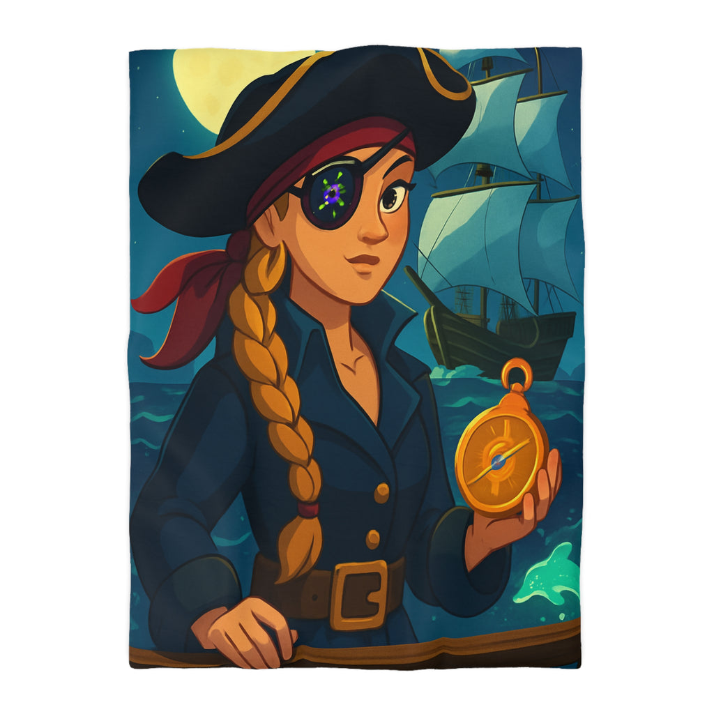 Housse de couette pirate colorée avec femme audacieuse, boussole et bateau illuminé