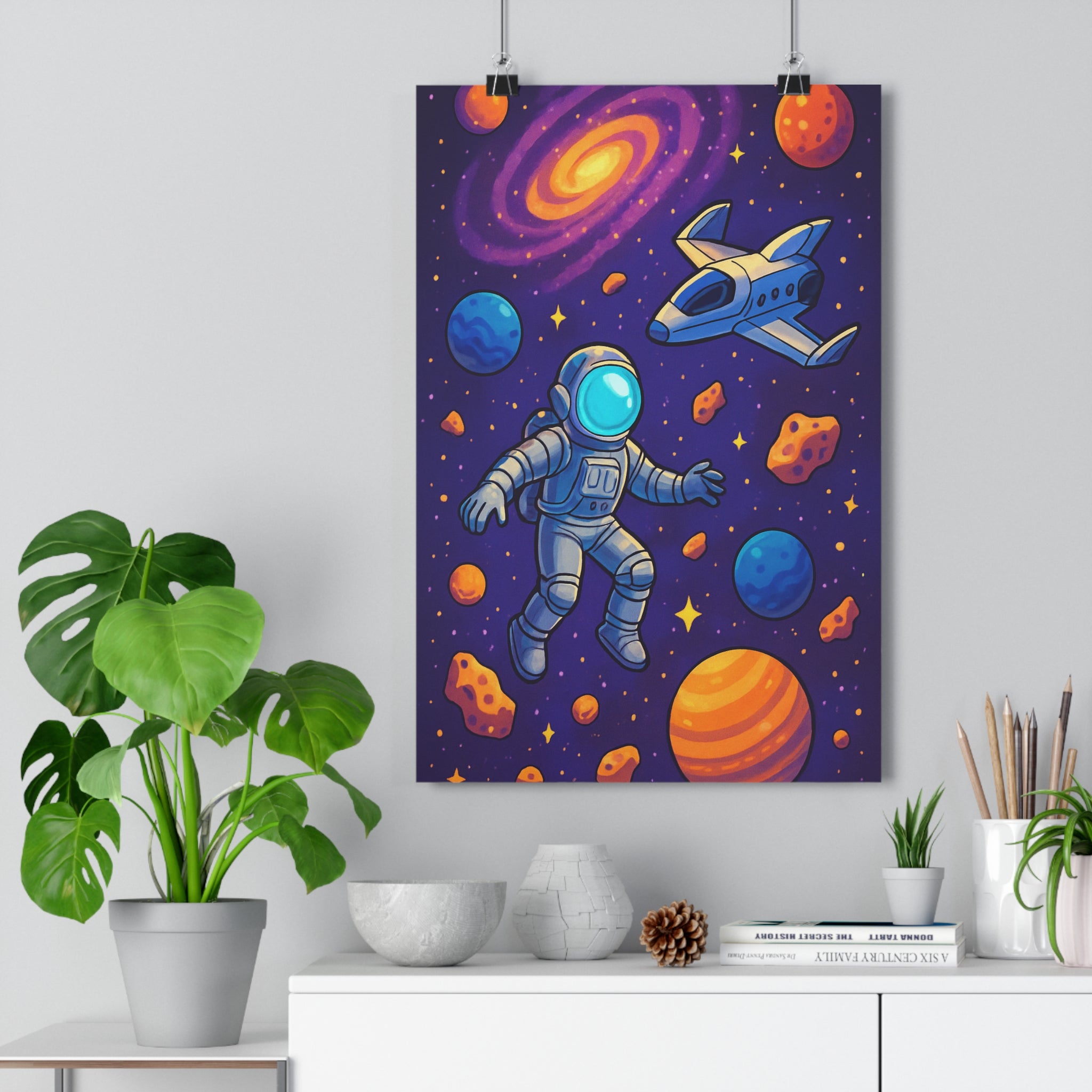 Poster décoratif cartoon astronaute espace bleu orange violet aventure chambre salon mystère vibrant qualité
