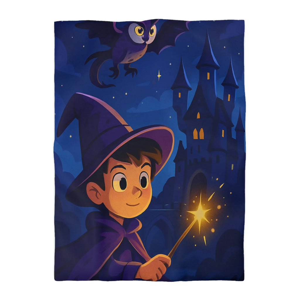Housse de couette magique pour enfant avec jeune sorcier et château enchanté
