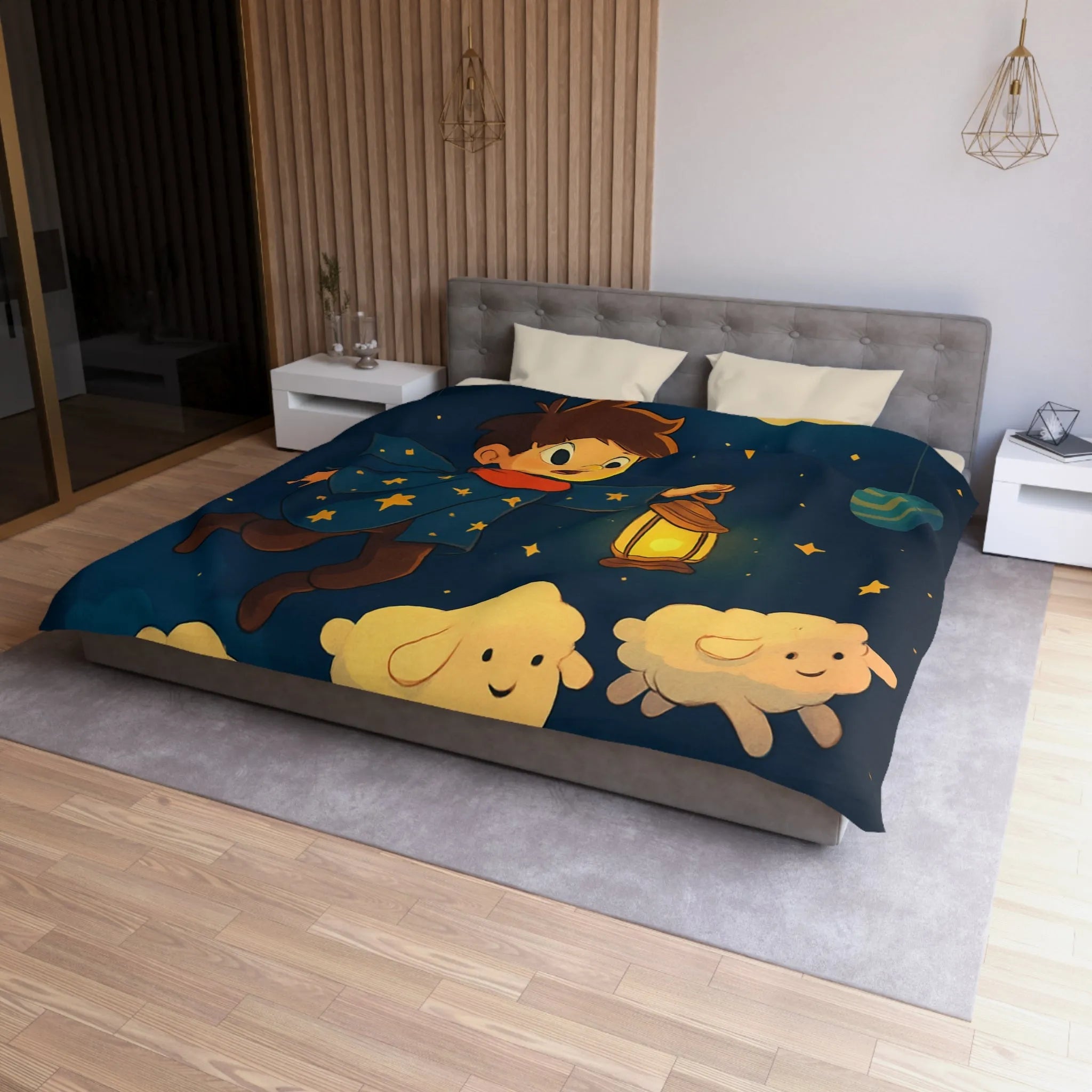 Housse de couette enfant rêveur avec étoiles, lune et moutons volants mignons