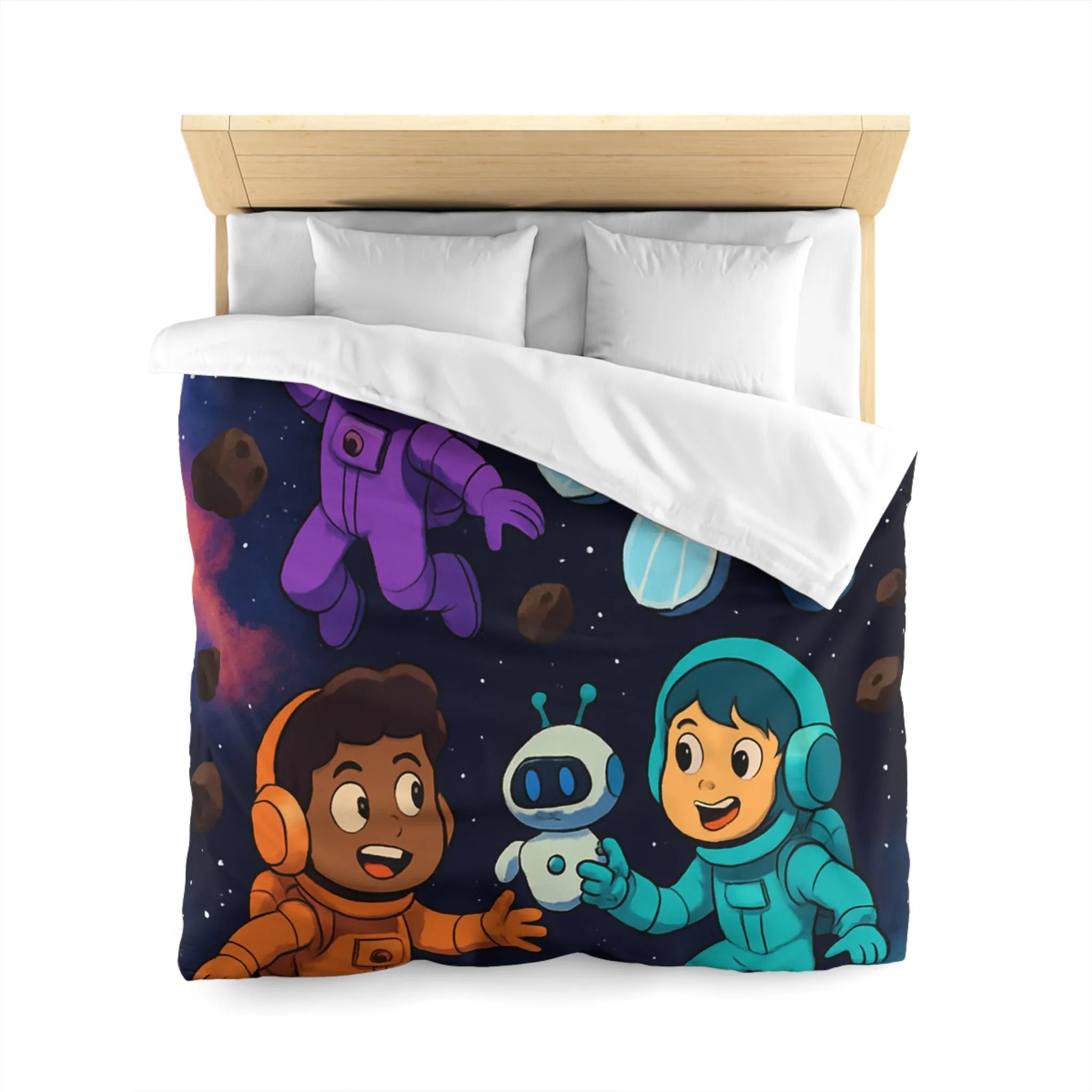 Housse de couette inspirée espace enfants, astronautes colorés, étoiles et planètes joyeuses