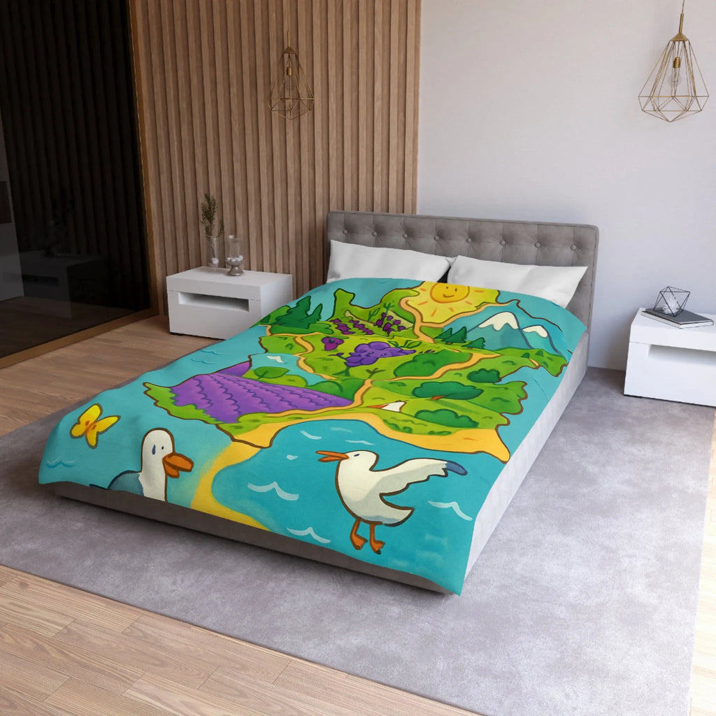 Carte colorée de France illustrée avec paysage ensoleillé et animaux adorables