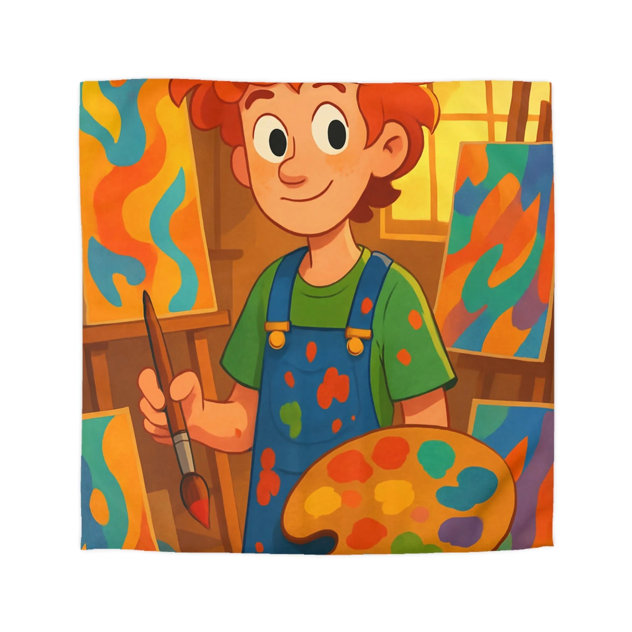 Housse de couette artistique colorée avec jeune peintre joyeux et œuvres vibrantes