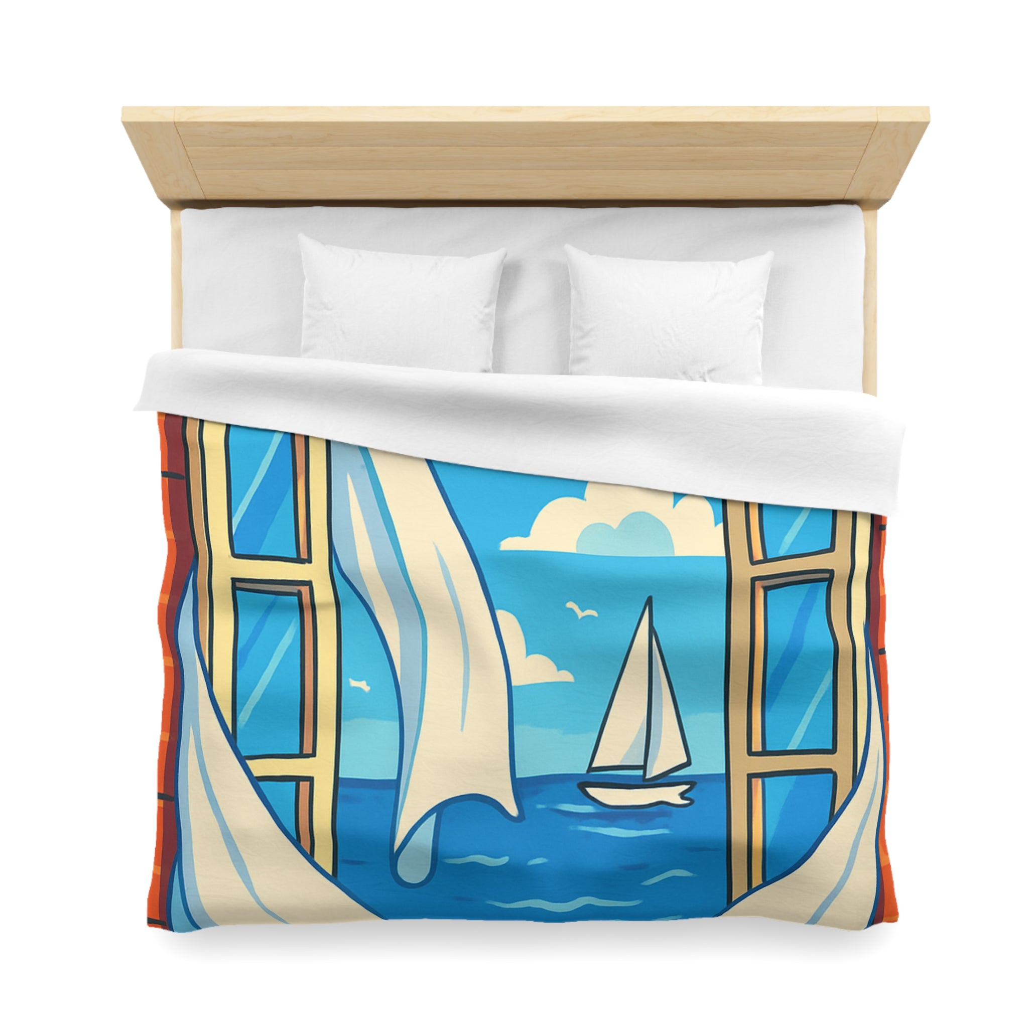 Housse de couette paysage marin fenêtre ouverte, voilier et ciel bleu serein