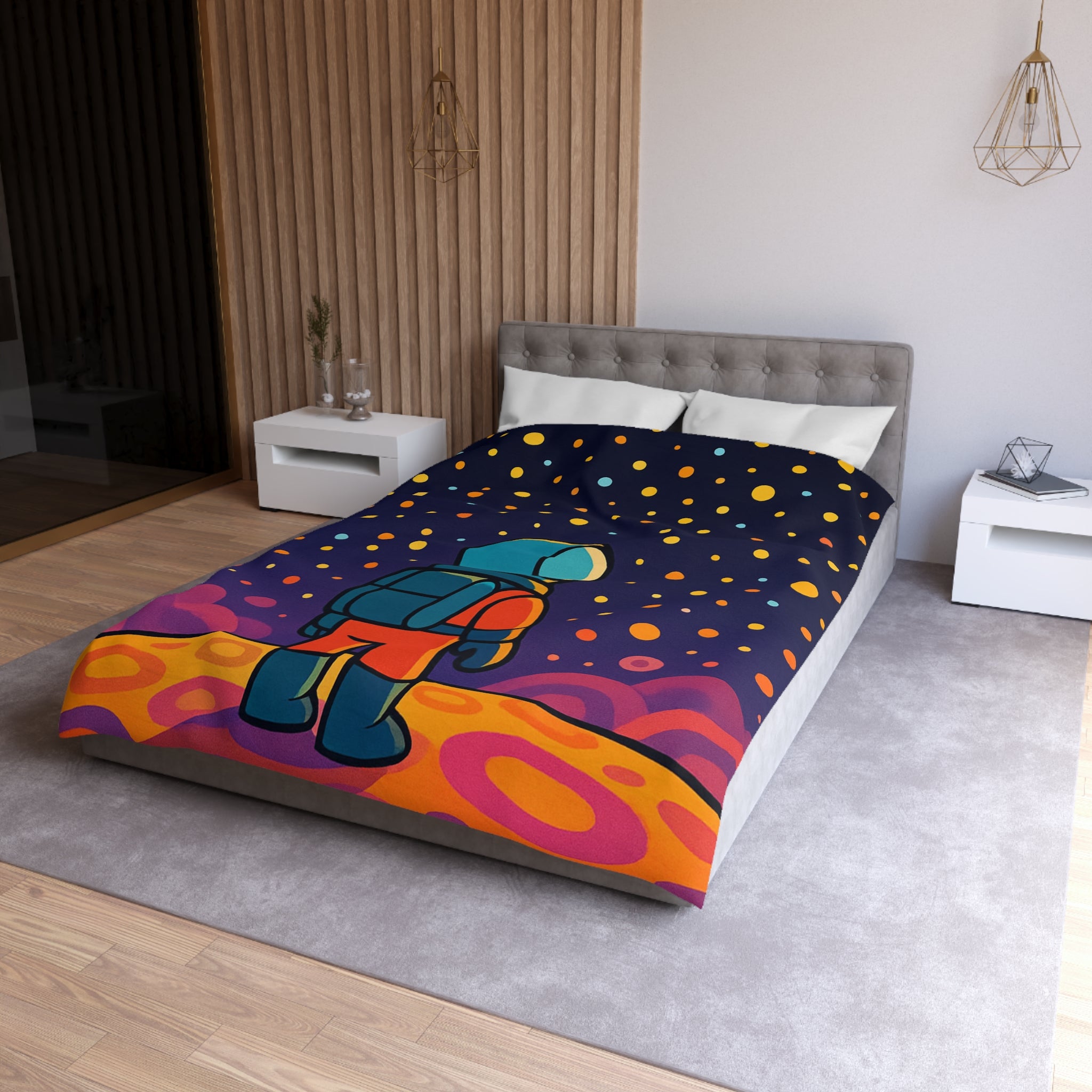 Housse de couette spatiale colorée avec astronaute et étoiles multicolores pour chambre enfant