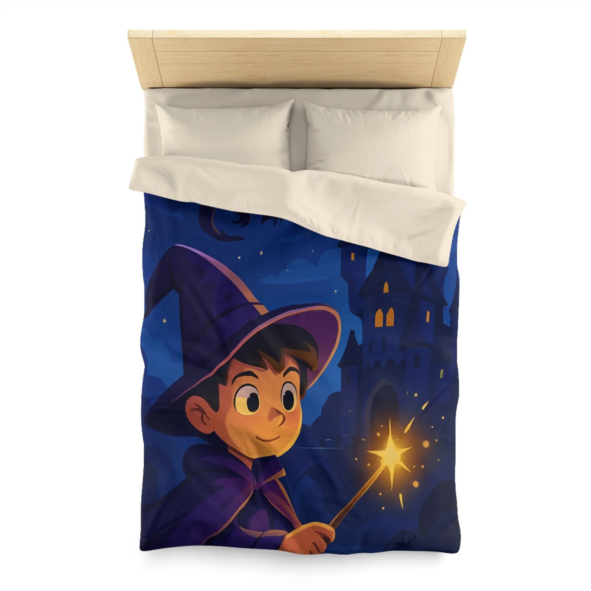Housse de couette magique pour enfant avec jeune sorcier et château enchanté