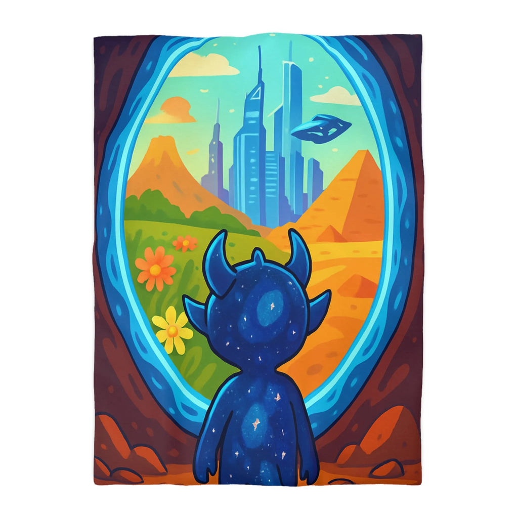 Housse de couette colorée avec créature cosmique et paysage futuriste magique
