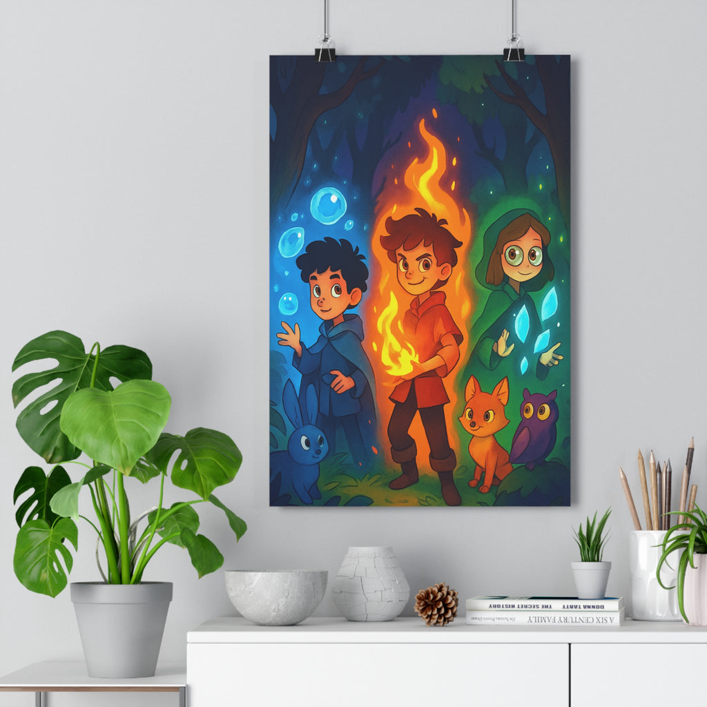 Poster décoratif cartoon mystique bleu rouge vert enfant chambre forêt magique lumineux aventure qualité