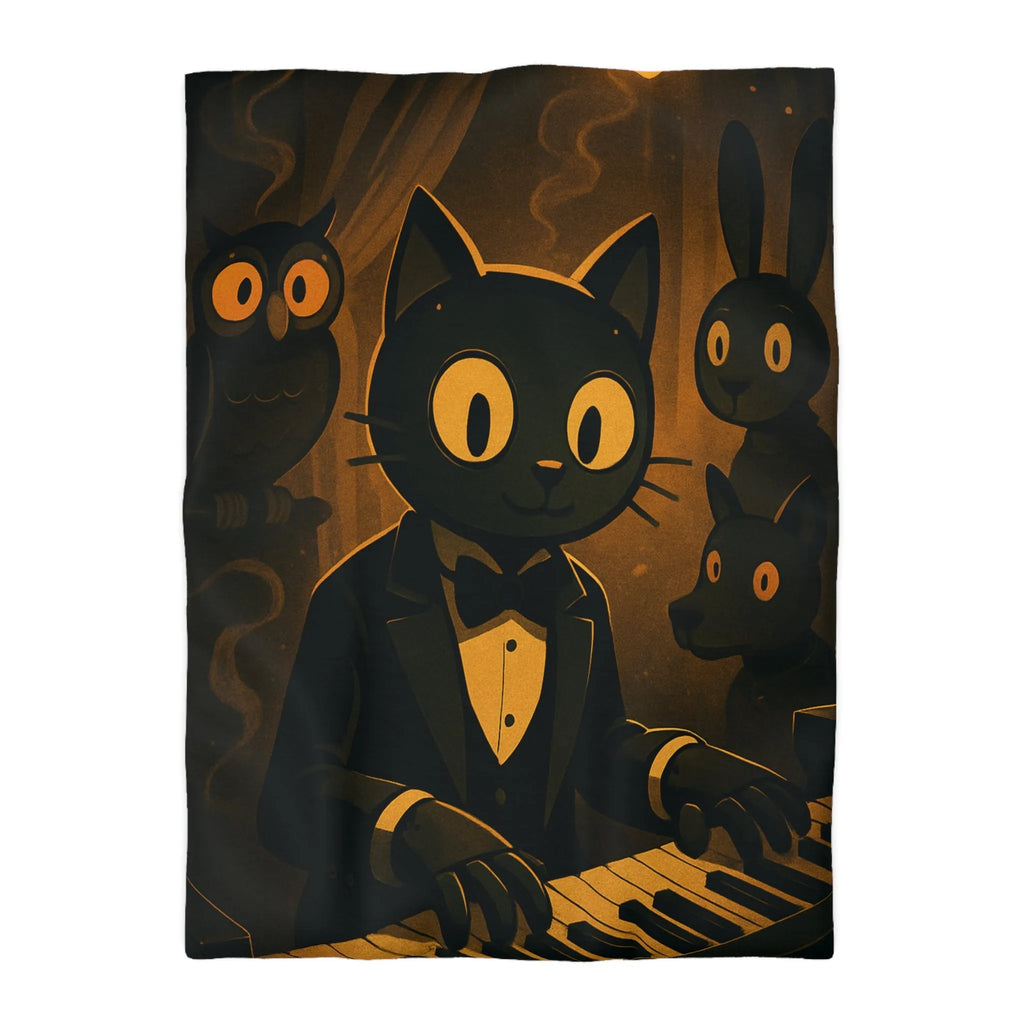 Housse de couette chat noir jouant du piano avec hibou et lapin en arrière-plan