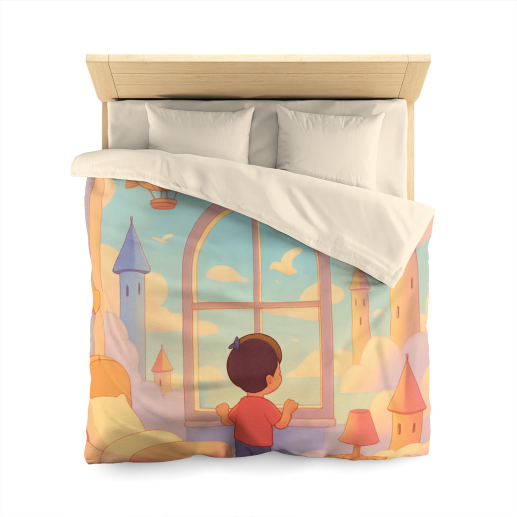 Housse de couette rêveuse enfantine avec nuages, dirigeables et oiseaux volants paisibles