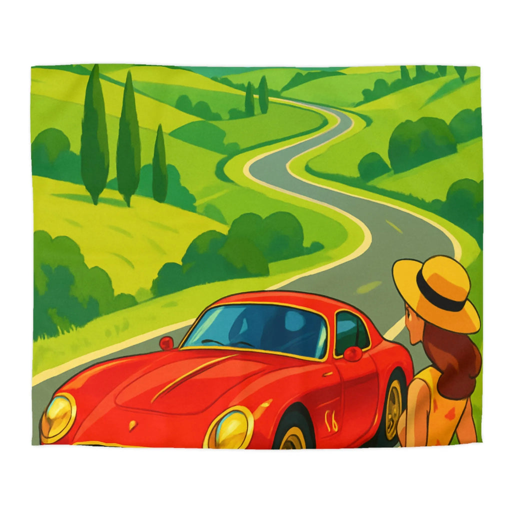 Housse de Couette Colorée avec Paysage Champêtre, Route Sinueuse et Voiture Rouge