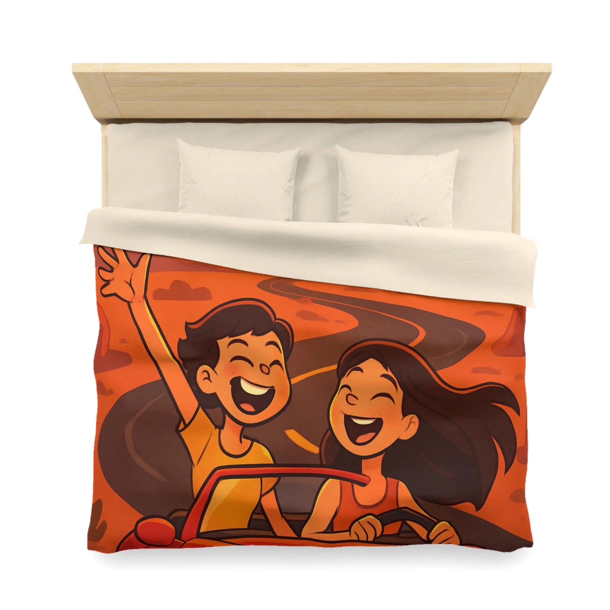 Aventure en voiture rouge dans un désert ensoleillé avec couple et aigle volant