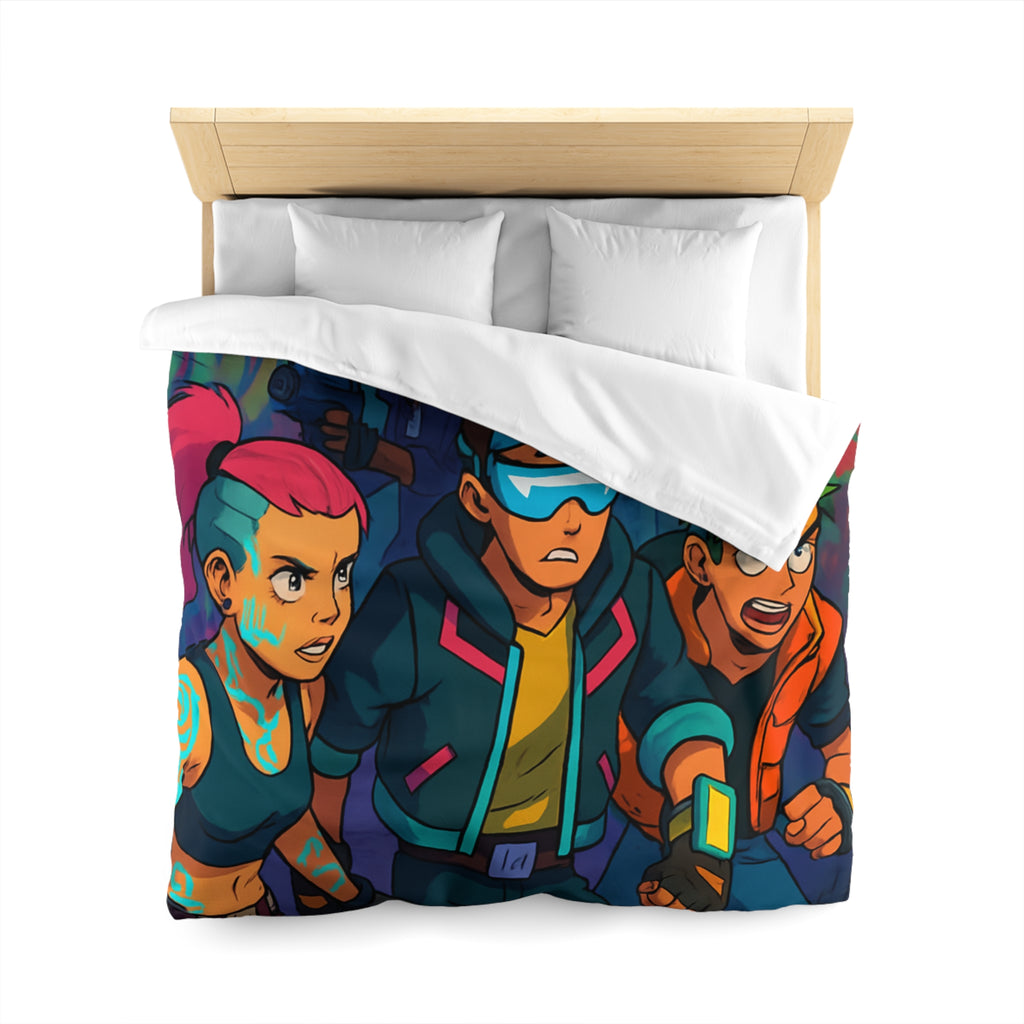 Housse de couette néon rétro avec personnages futuristes dans ruelle urbaine animée