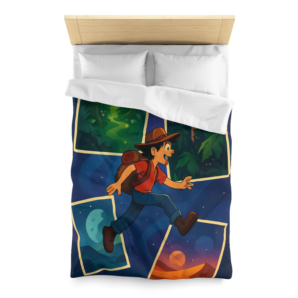 Housse de couette colorée avec illustrations d'aventure forêt, ville, désert, espace