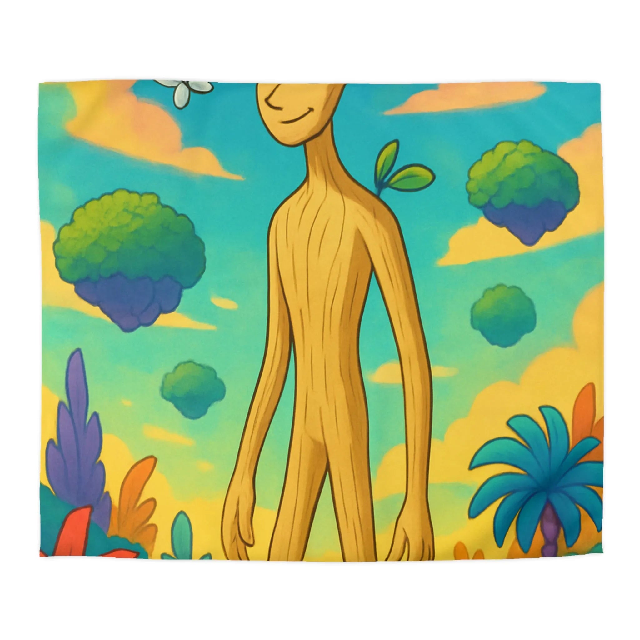 Housse de couette enchanteresse avec paysage coloré, créature en bois et papillons