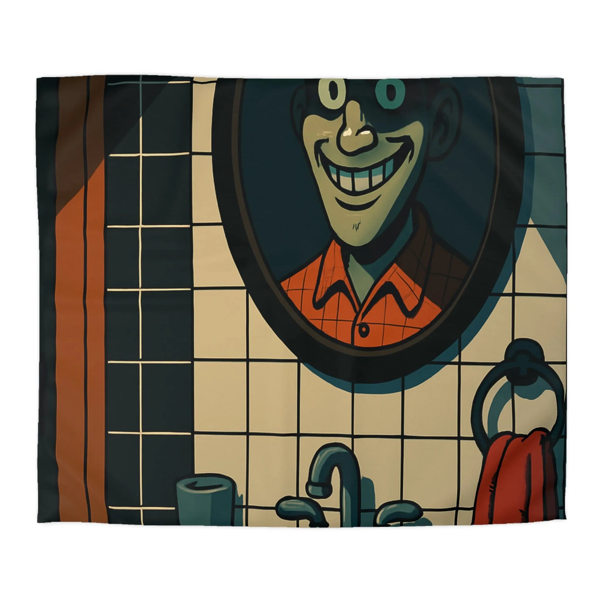 Housse de couette graphique avec dessin animé miroir effrayant et carreaux de salle de bain
