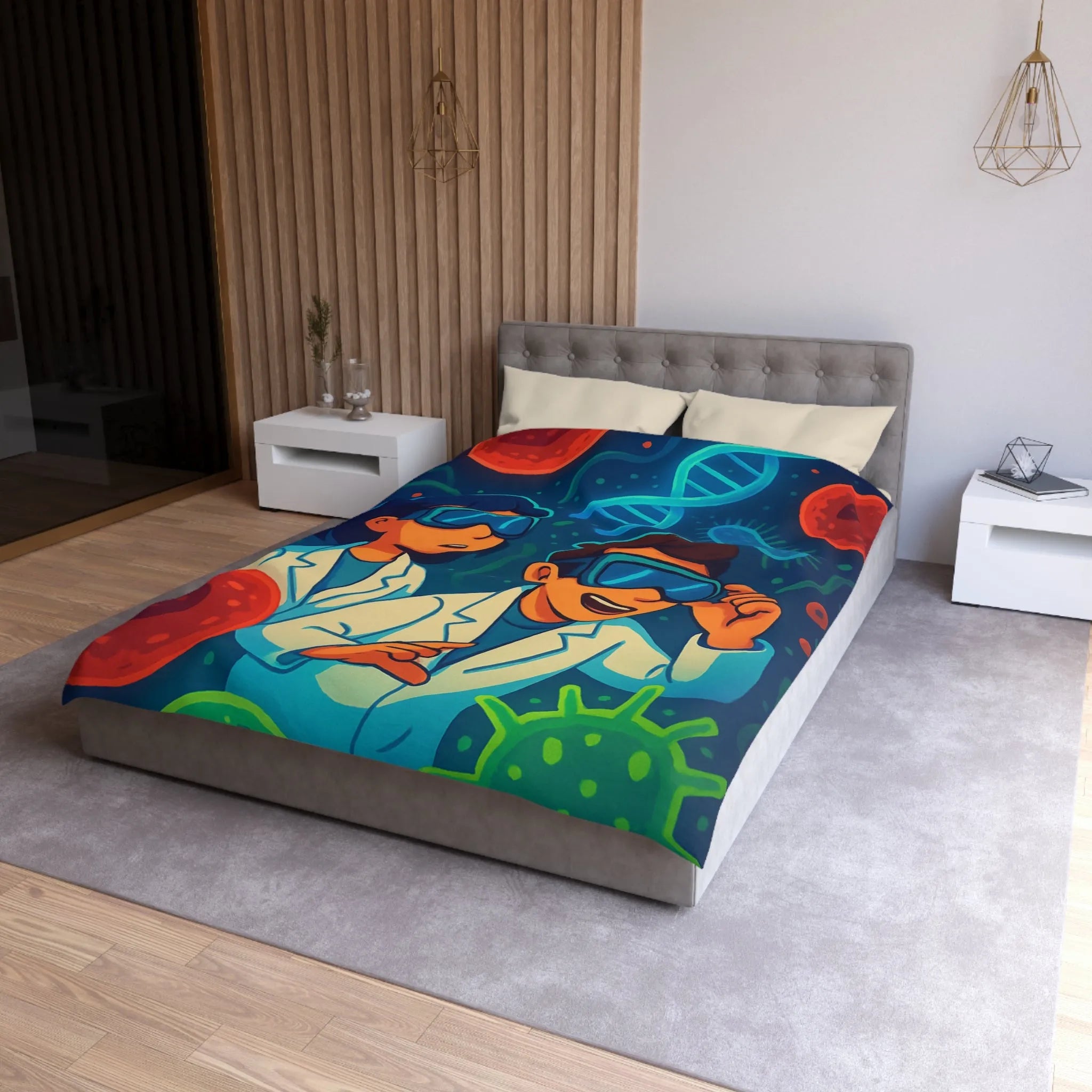 Drap housse scientifique ludique avec chercheurs et microbes éclatants en couleurs vibrantes et vives