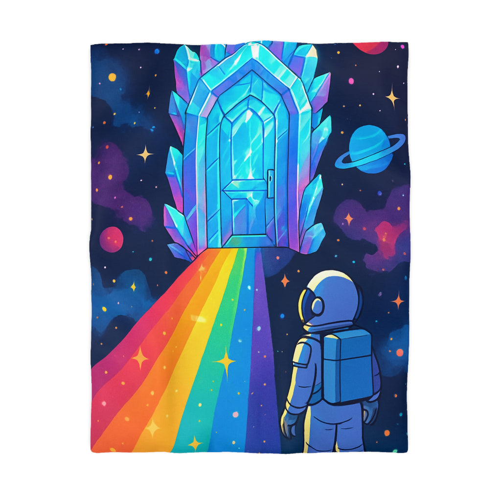 Housse de couette rêve cosmique : astronaute, porte de cristal et univers coloré