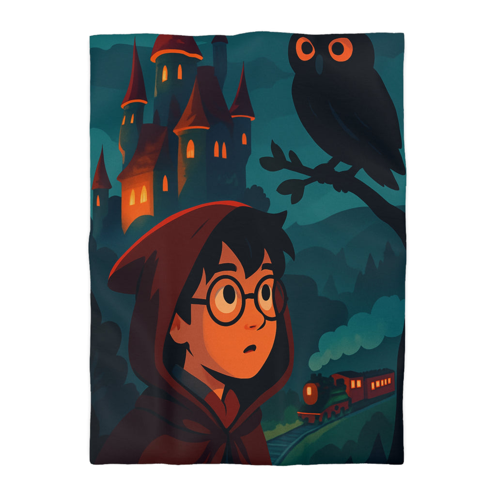 Housse de couette mystique avec château, héros et hibou pour chambre enchantée