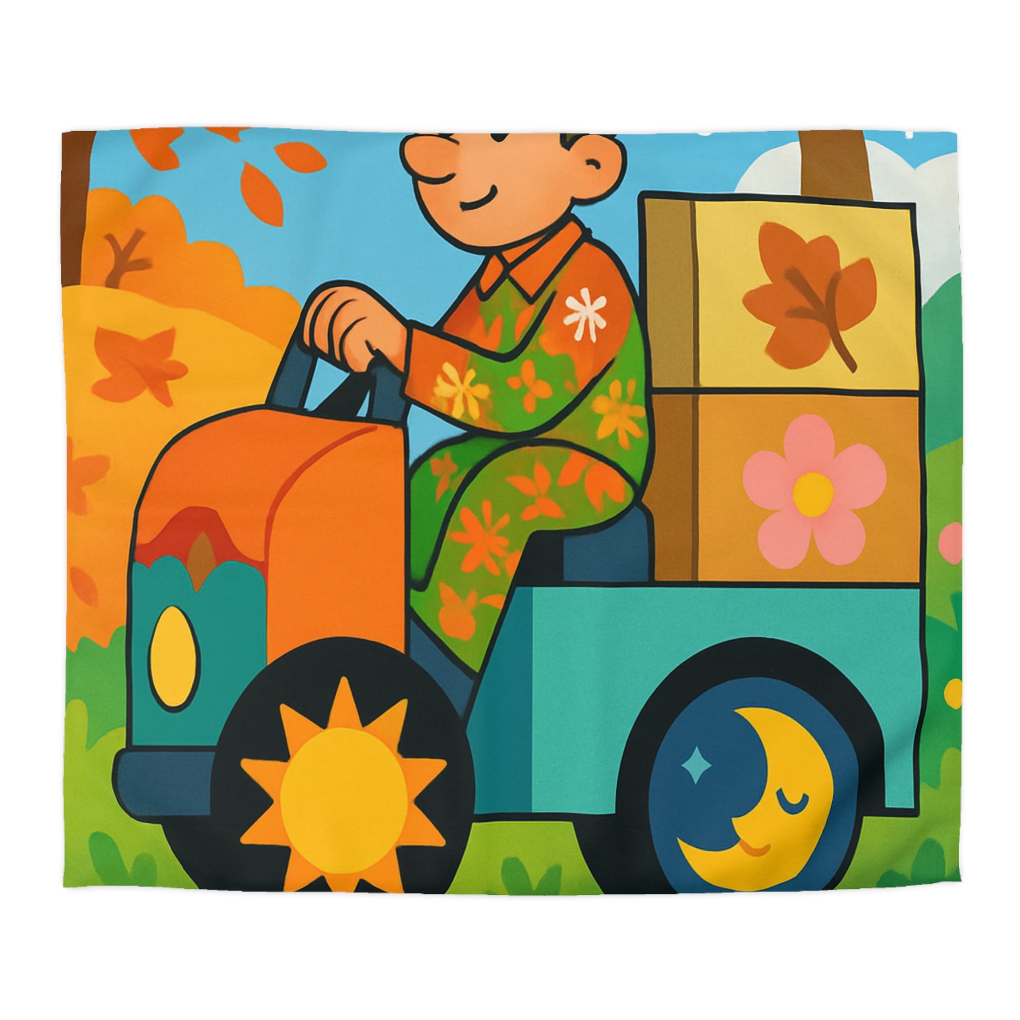 Housse de Couette Paisible Illustrant un Paysage Automnal avec Motifs Floraux et Naturels