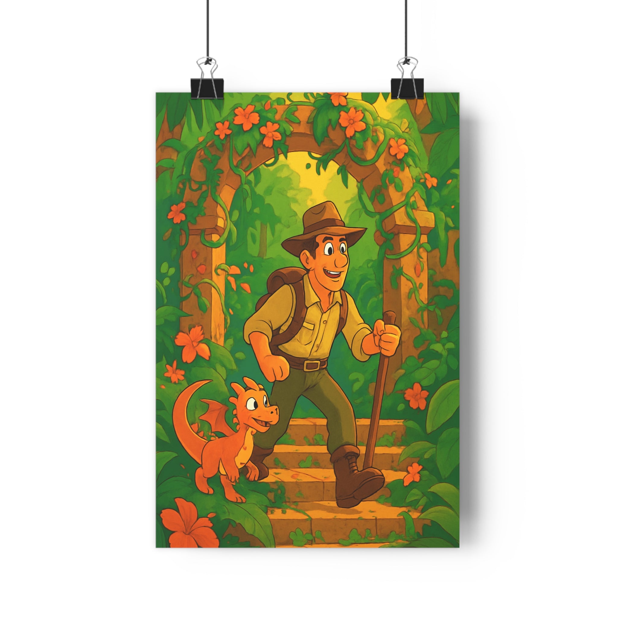 Poster décoratif aventure jungle cartoon vert orange enfant chambre exotique joyeux explorateur dragon murale