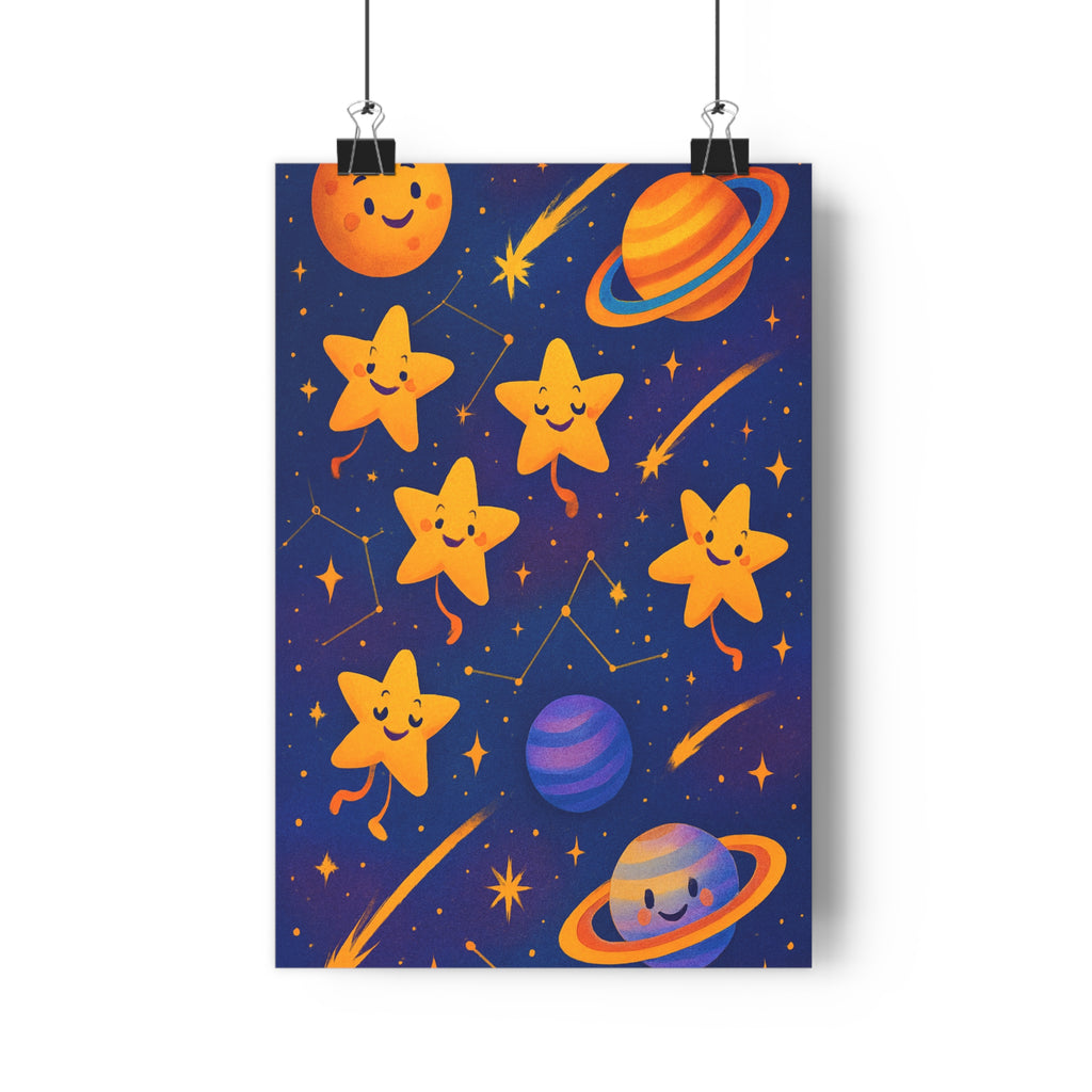 Poster décoratif dessin animé bleu nuit orange joyeux enfant chambre ludique chaleureux 30x46 cm