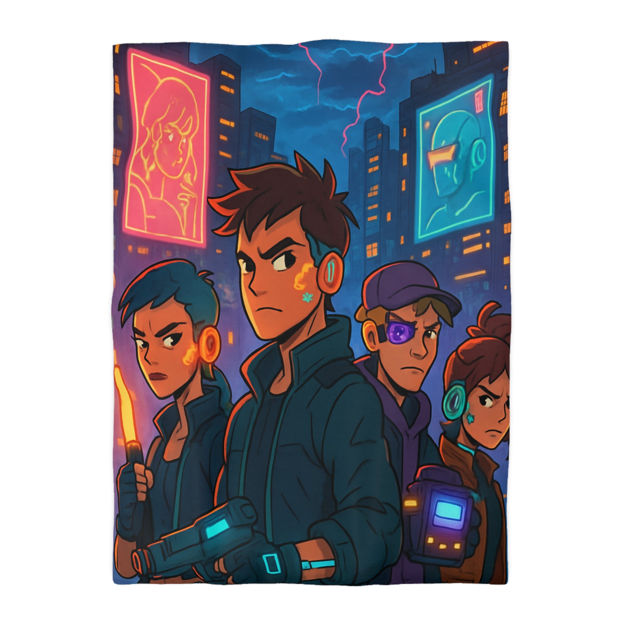 Housse de couette style rétro futuriste avec scène urbaine néon et personnages cyberpunk