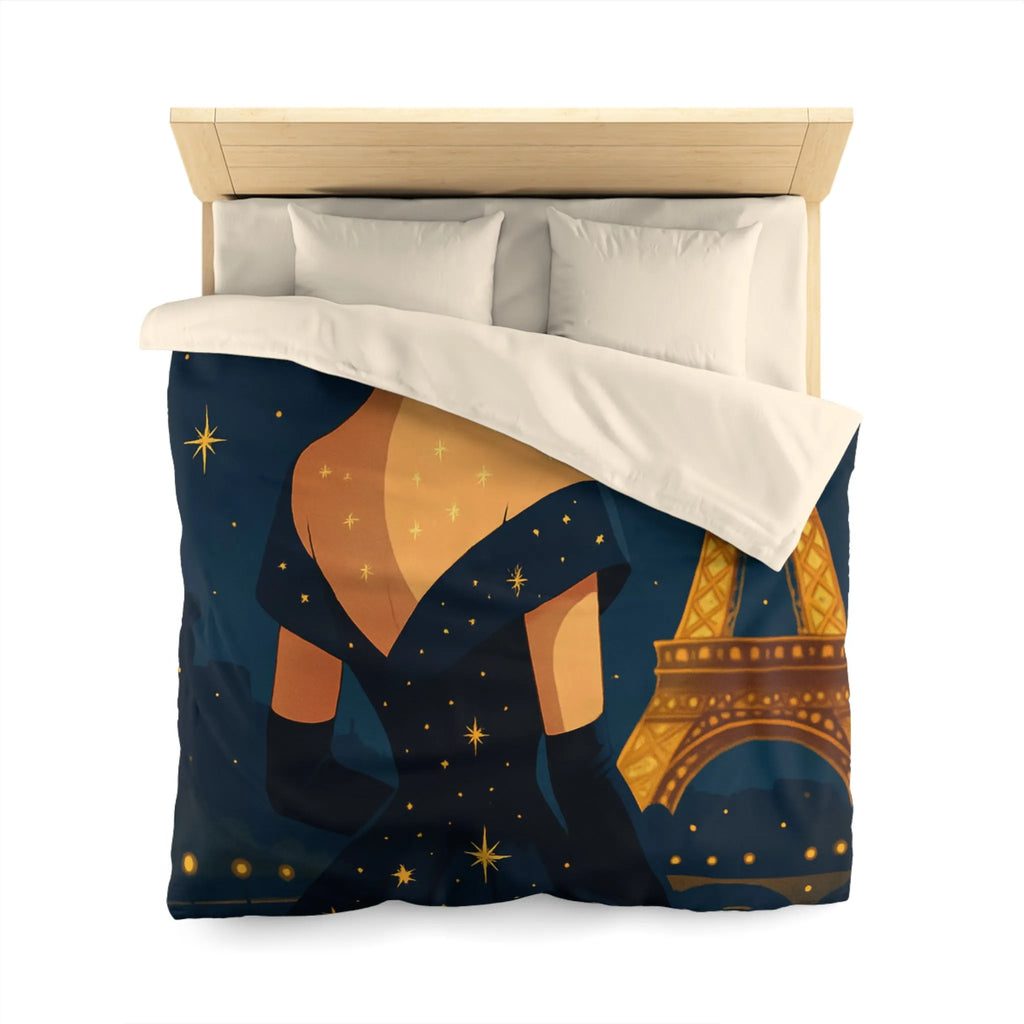 Élégante illustration nocturne femme en robe étoilée avec Tour Eiffel lumineuse