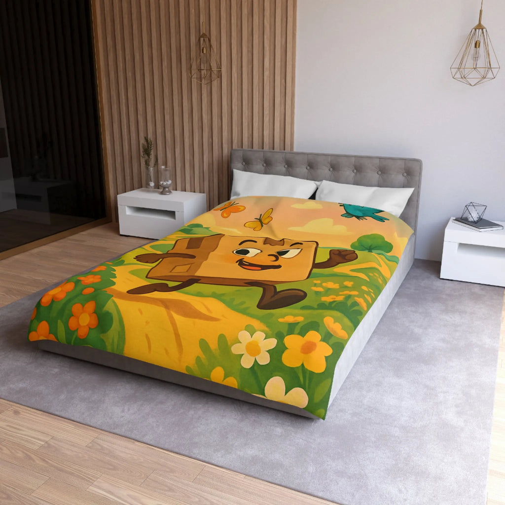 Housse de couette joyeuse avec paysage printanier et boîte sautillante amicale