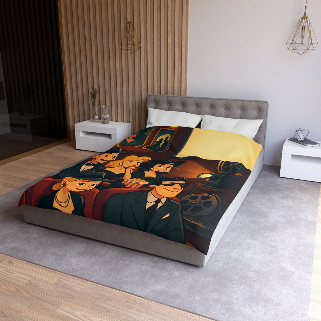 Housse de Couette Rétro Cinéma avec Scène de Spectateurs Élégants et Projecteur