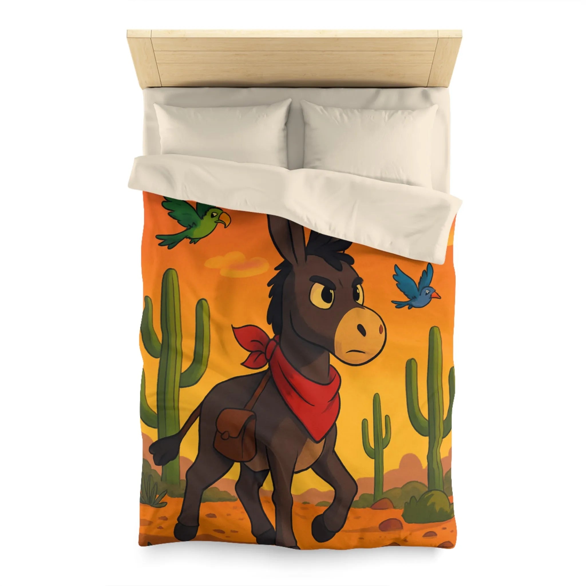 Housse de couette avec âne mignon et oiseaux colorés en désert animé
