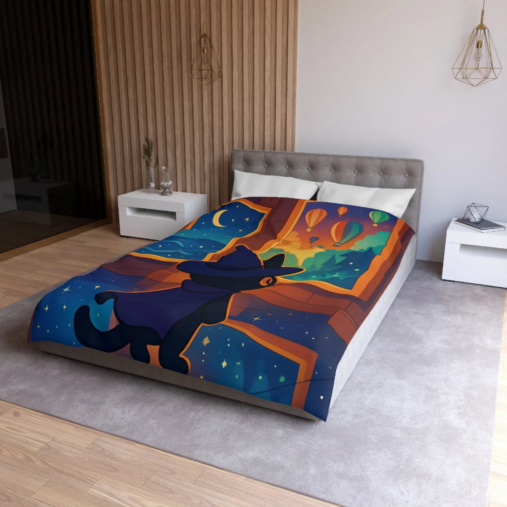 Housse de couette ambiance nocturne avec chat sorcier et paysages enchanteurs colorés