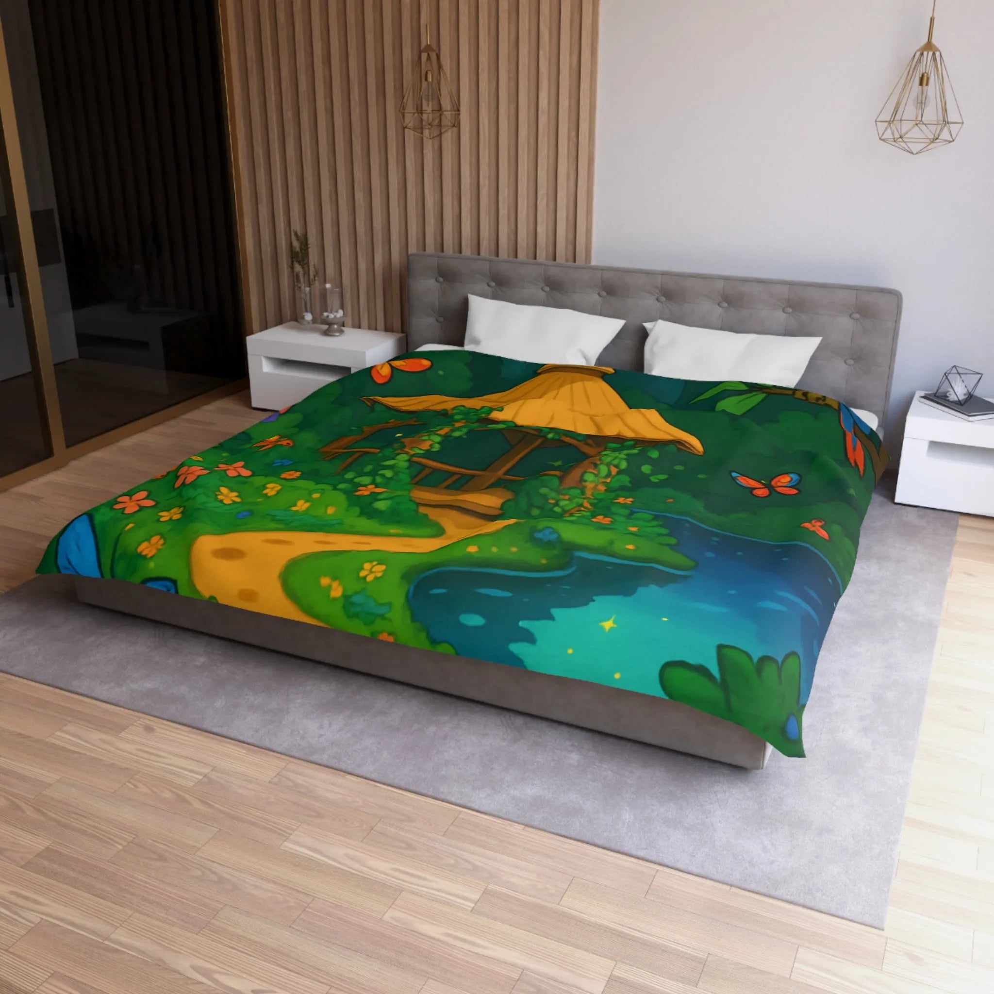 Housse de Couette Illustrée, Forêt Tropicale Nocturne avec Oiseaux et Papillons Colorés