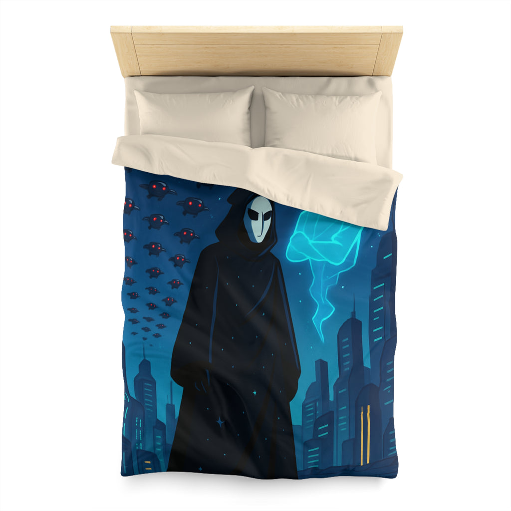 Housse de couette spatiale avec figure masquée et paysage urbain futuriste