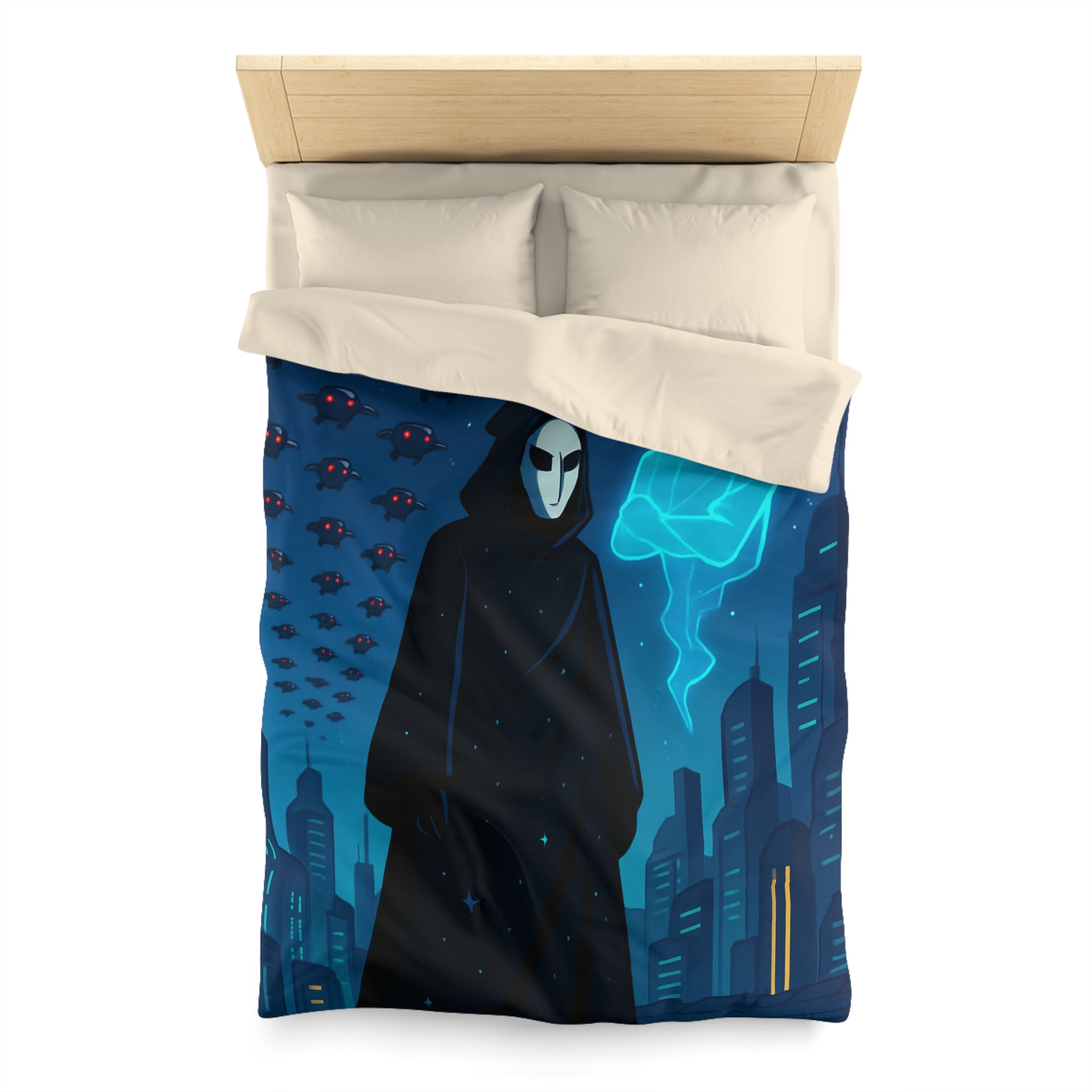 Housse de couette spatiale avec figure masquée et paysage urbain futuriste