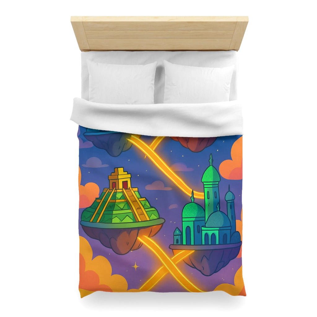 Housse de couette colorée avec design fantastique de villes flottantes lumineuses et oniriques