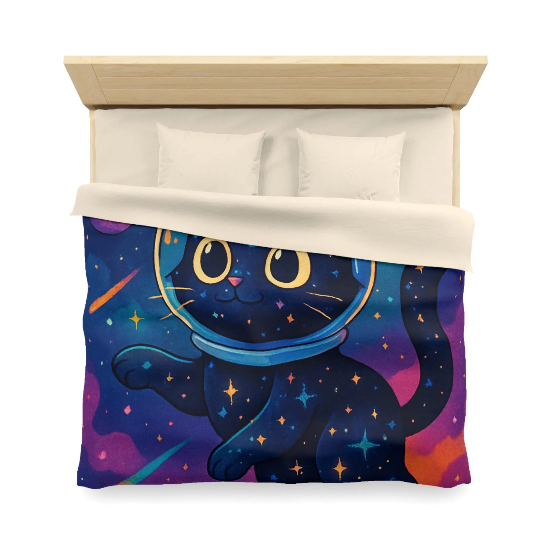 Housse de couette chat cosmique dans l’espace avec étoiles et planètes colorées