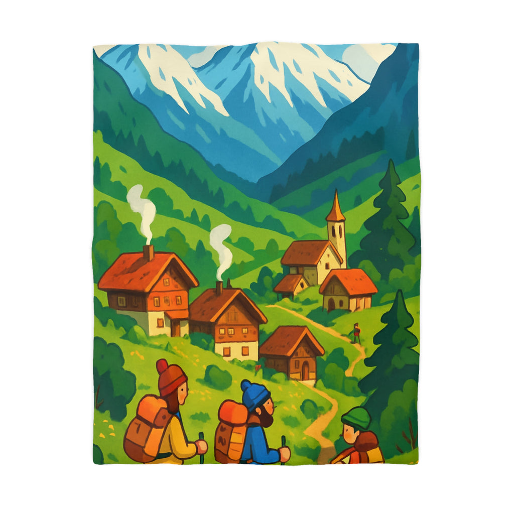 Housse de Couette Montagne avec Aventureurs, Chalets et Paysage Montagnard Enneigé