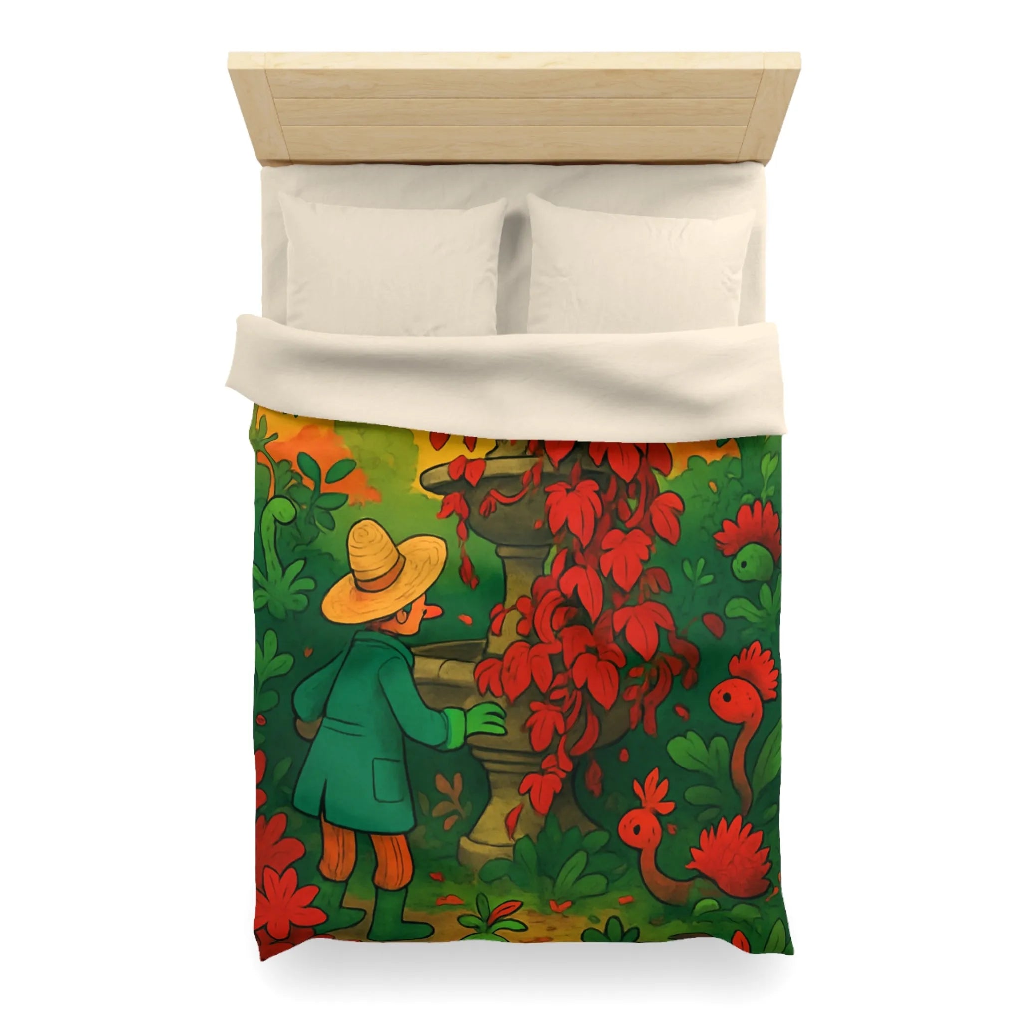 Housse de couette jardin enchanté avec fontaine et fleurs rouges pour chambre colorée