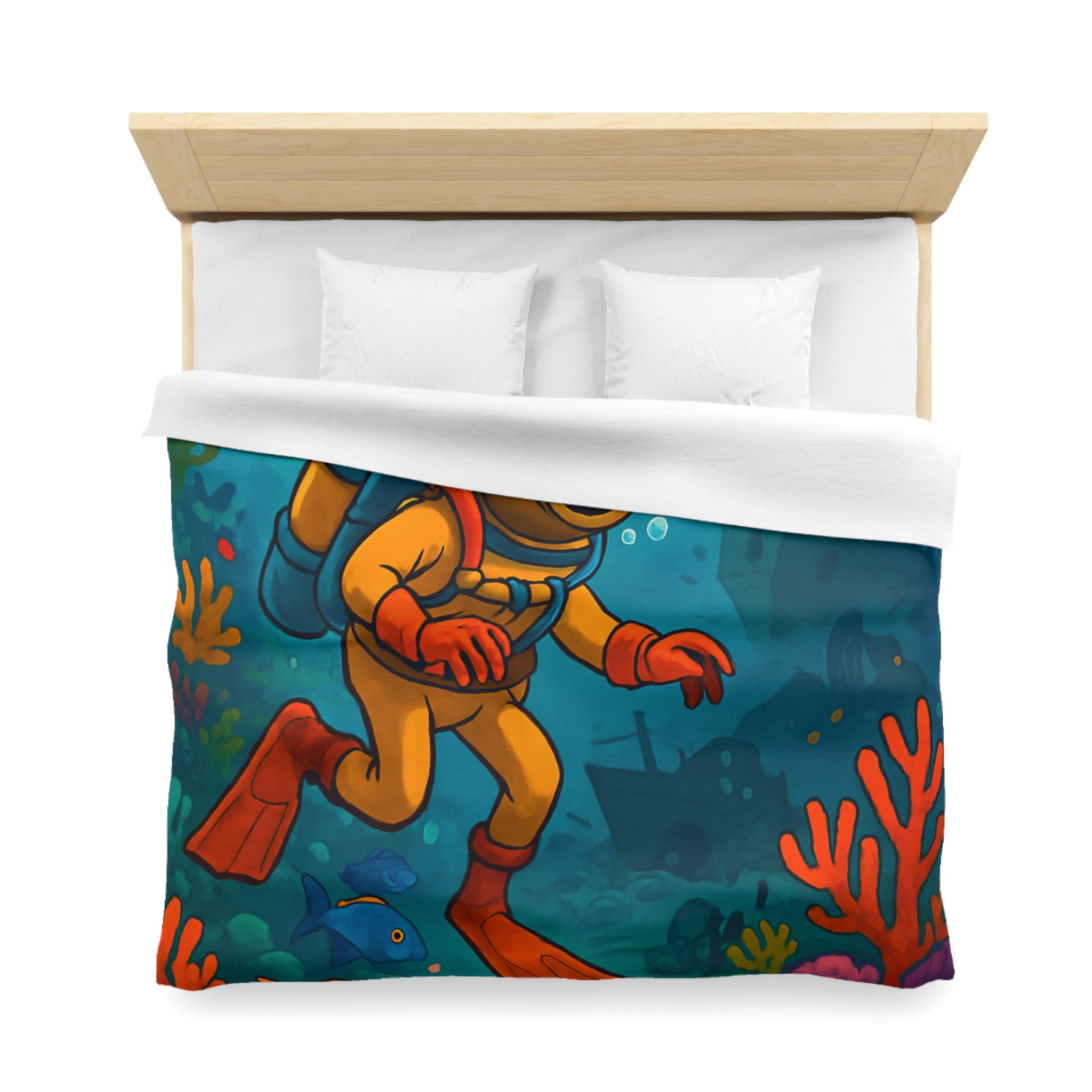 Housse de couette motif plongeur rétro dans un monde sous-marin coloré et mystérieux