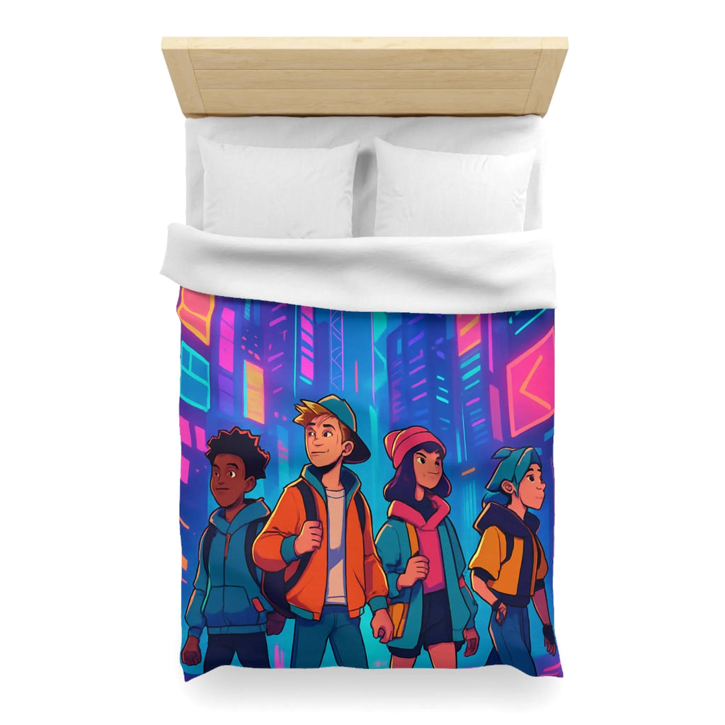 Couette Futuriste Enfants Explorateurs Style Rétro-Cyberpunk avec Néons Colorés pour Chambre Moderne