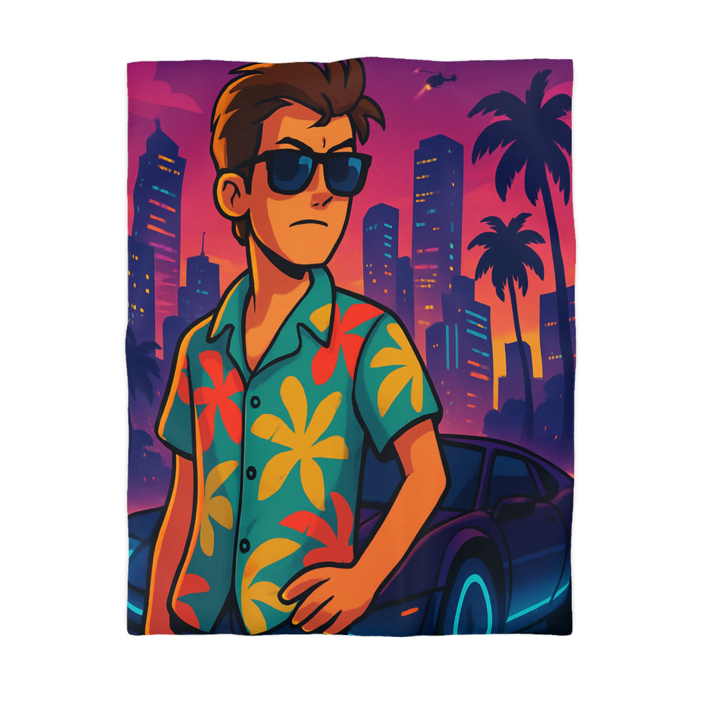 Housse de Couette Style Rétro avec Design Urbain et Palmiers au Crépuscule