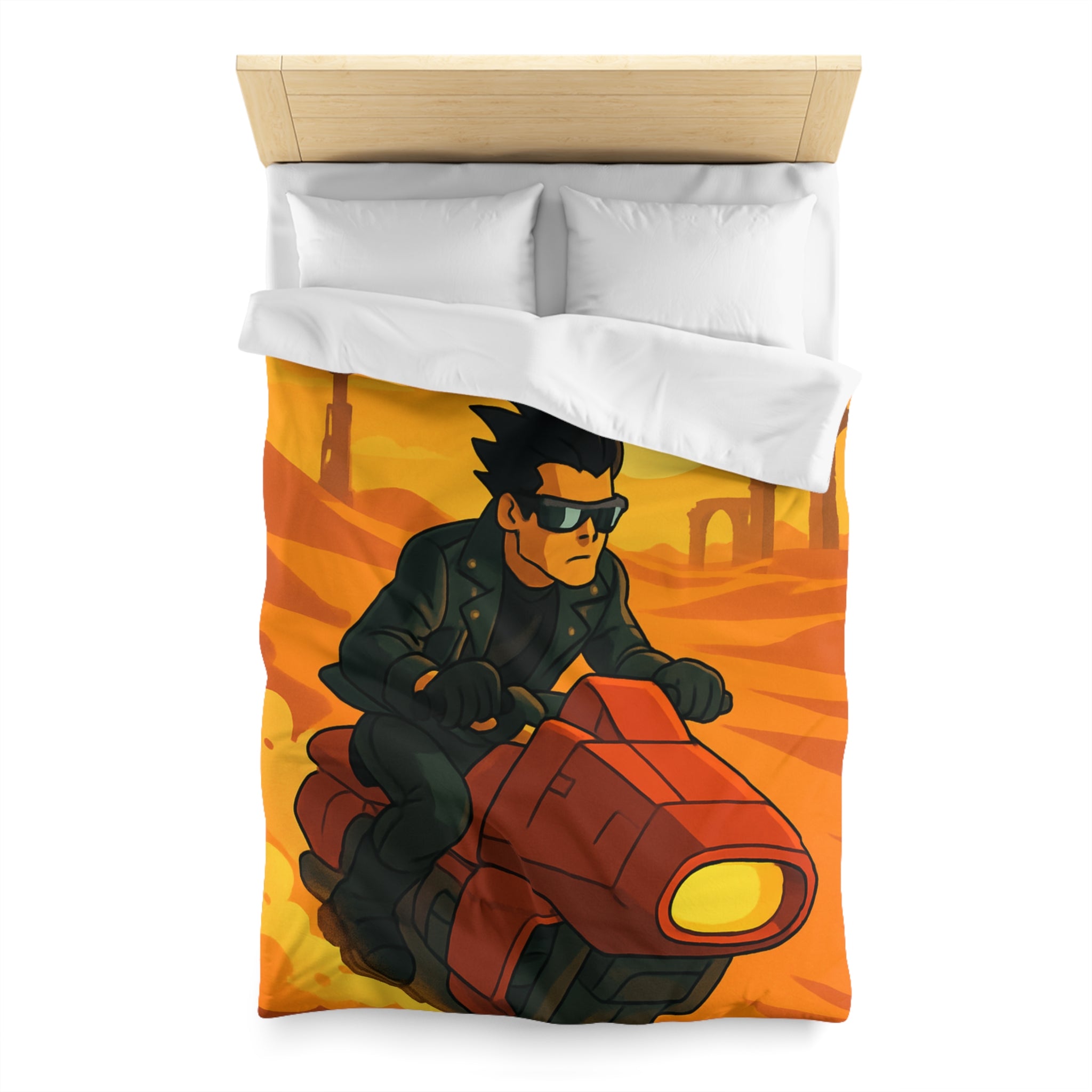 Housse de couette moto futuriste sur désert orangé avec soleil couchant et ruines