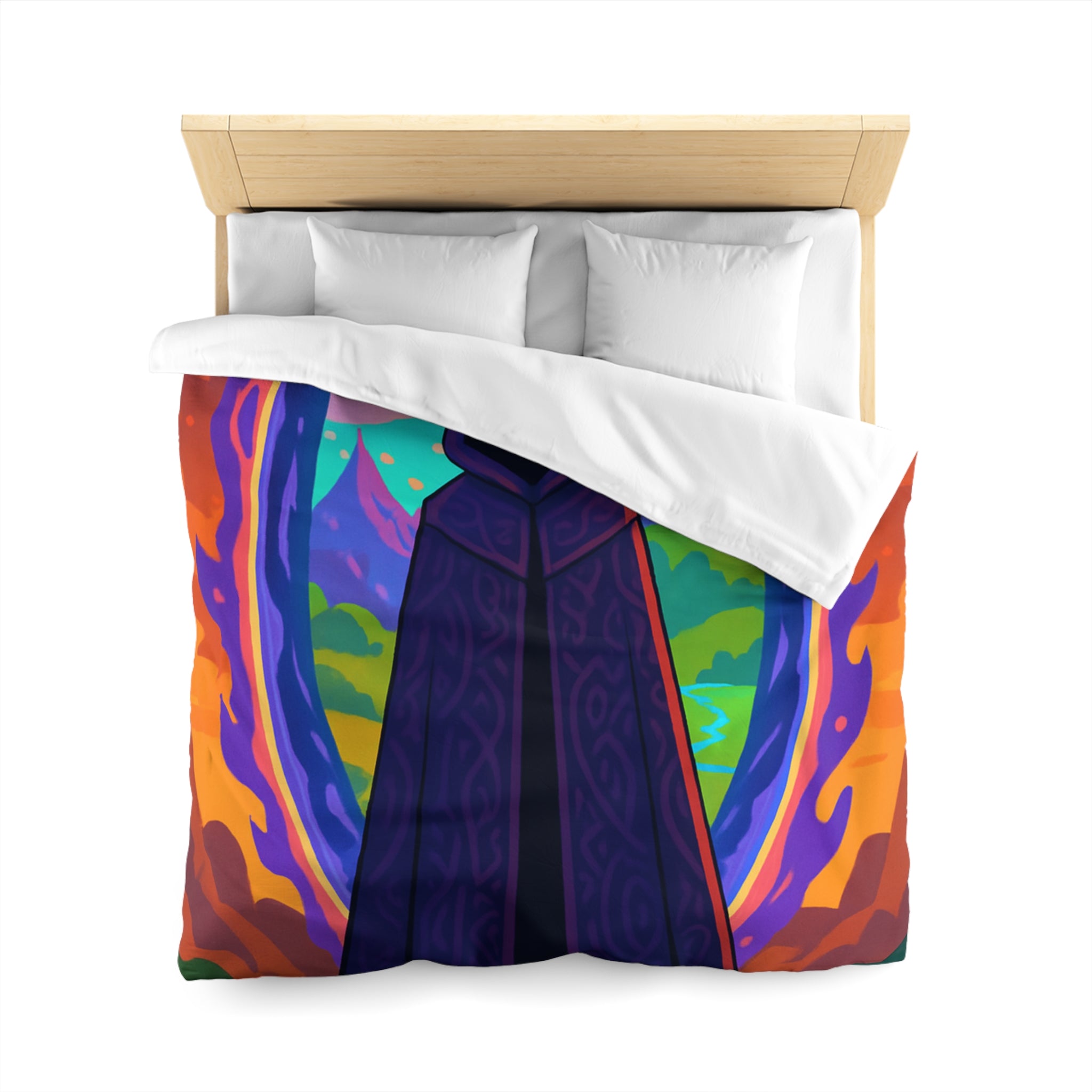 Mystérieux paysage enchanté avec mage en robe près du portail vibrant coloré