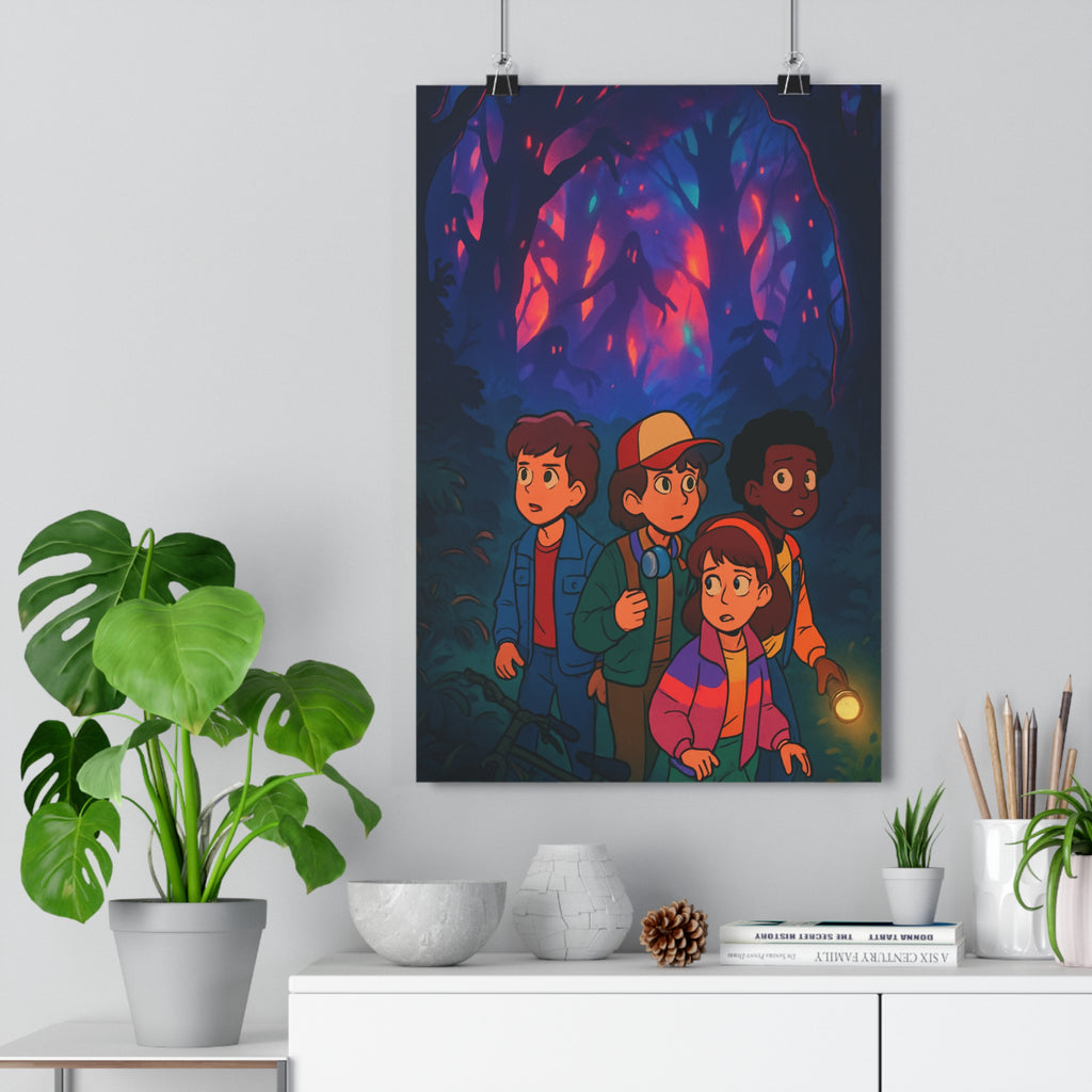 Poster décoratif enfants forêt mystérieuse silhouettes inquiétantes atmosphère rétro violet rouge chambre 30x46 cm