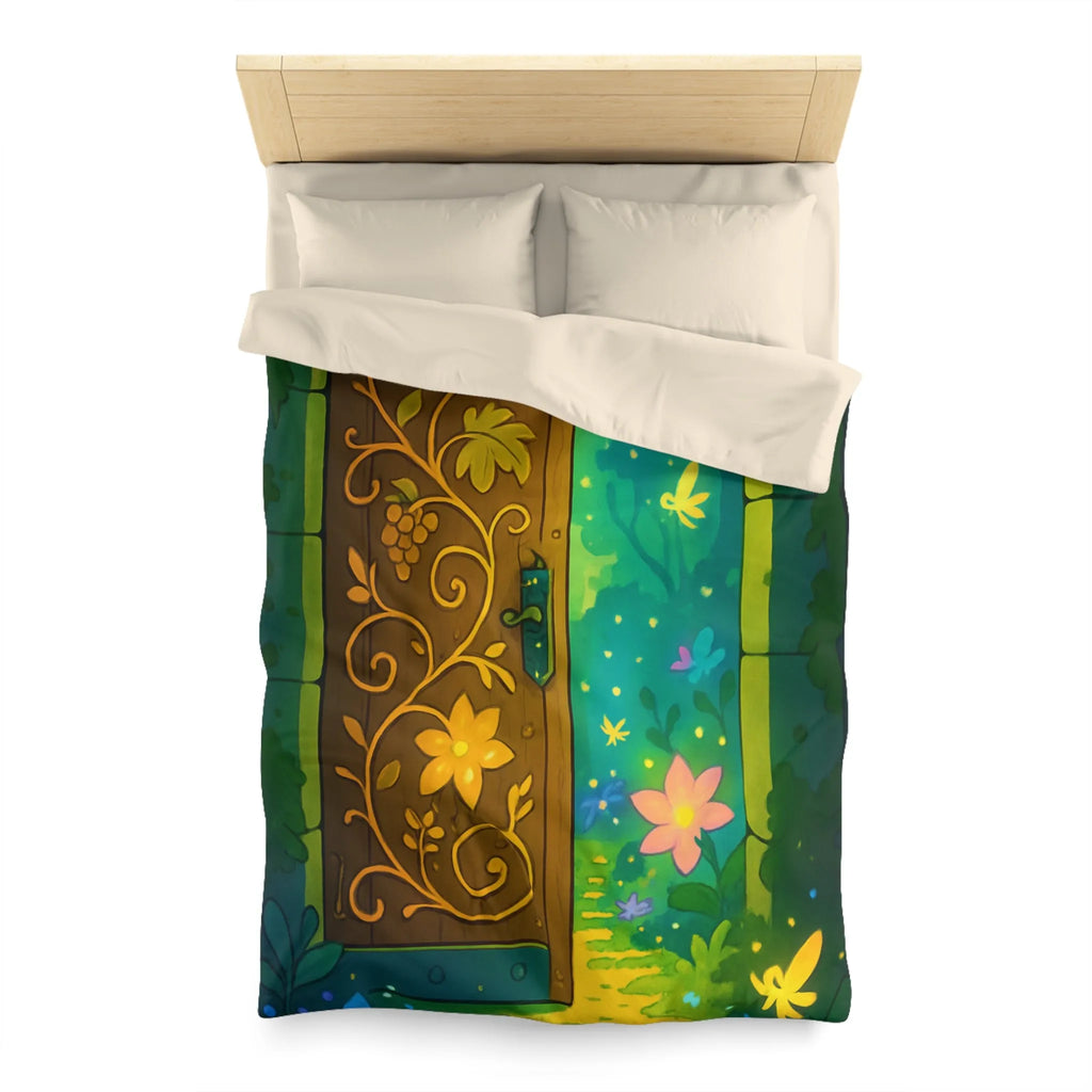 Housse de couette magique avec motif de porte mystique illuminée et papillons colorés