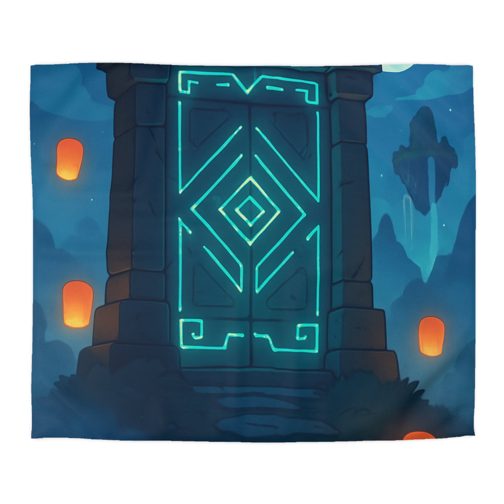 Housse de couette mystérieuse avec portail magique et lanternes flottantes sous ciel étoilé