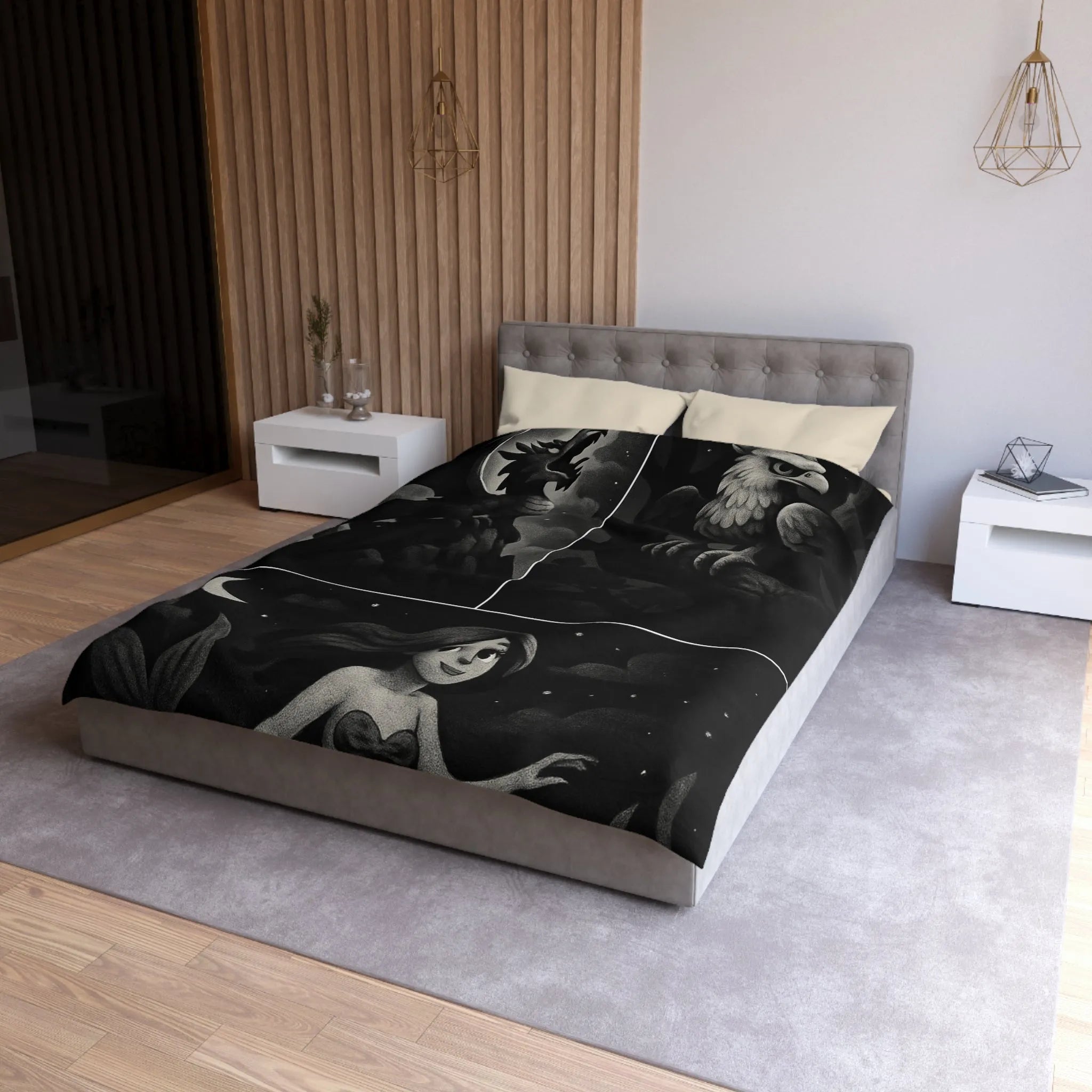 Housse de couette avec motifs de créatures fantastiques dragon, griffon et sirène en noir et gris