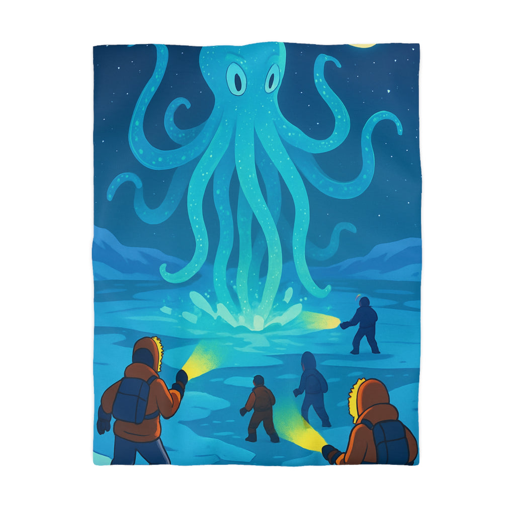 Nuit polaire avec pieuvre géante luminescente sous ciel étoilé et aventuriers en doudoune