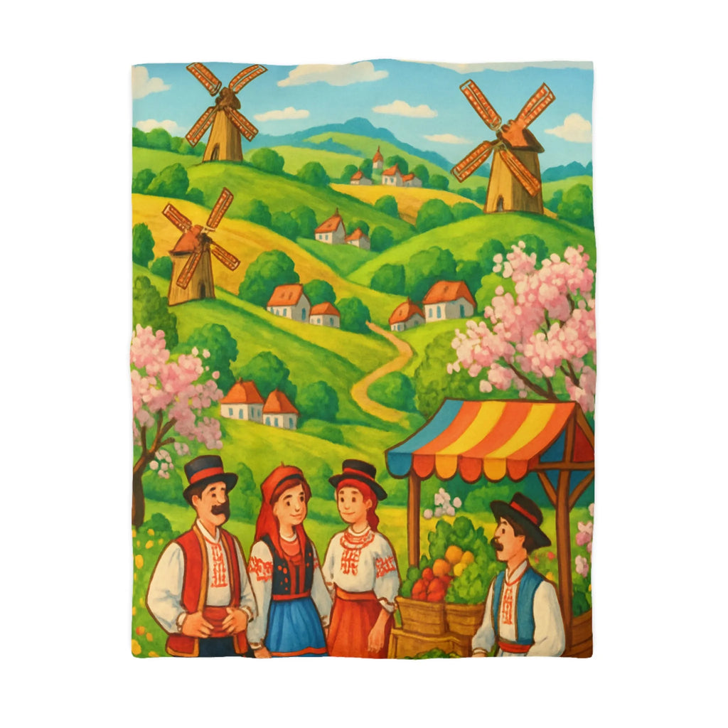 Housse de couette avec village champêtre, moulins et marché aux couleurs vives